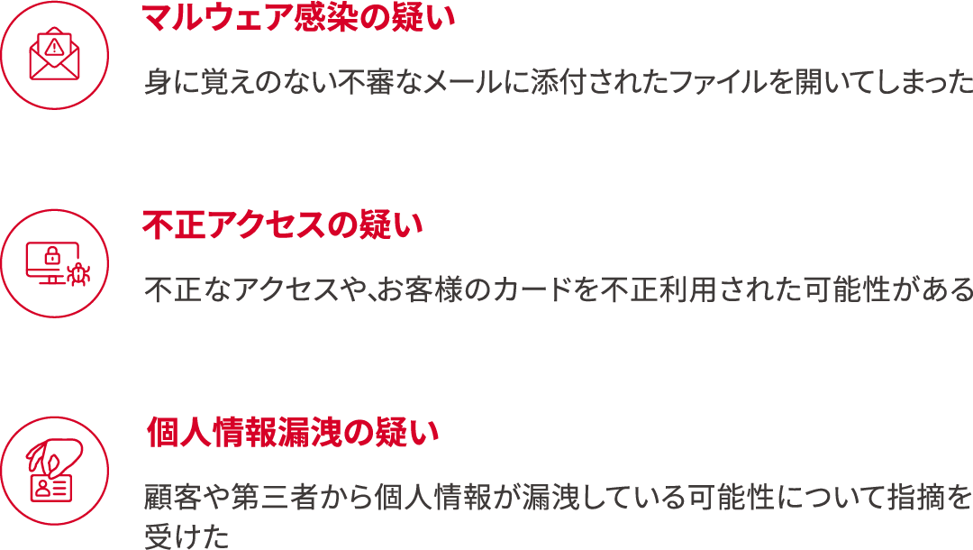 マルウエア感染の疑い、不正アクセスの疑い、個人情報漏洩の疑い
